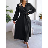Women Elegant V Neck Long Sleeve Pleated Maxi Dress - Faith Affinity