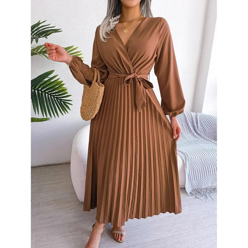 Women Elegant V Neck Long Sleeve Pleated Maxi Dress - Faith Affinity