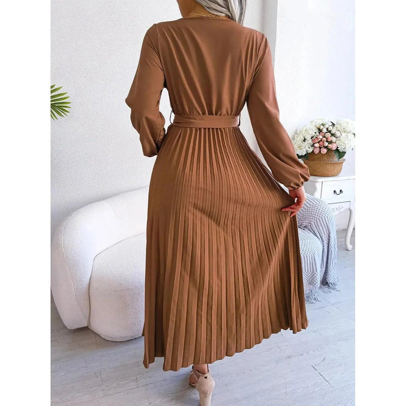 Women Elegant V Neck Long Sleeve Pleated Maxi Dress - Faith Affinity
