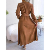 Women Elegant V Neck Long Sleeve Pleated Maxi Dress - Faith Affinity