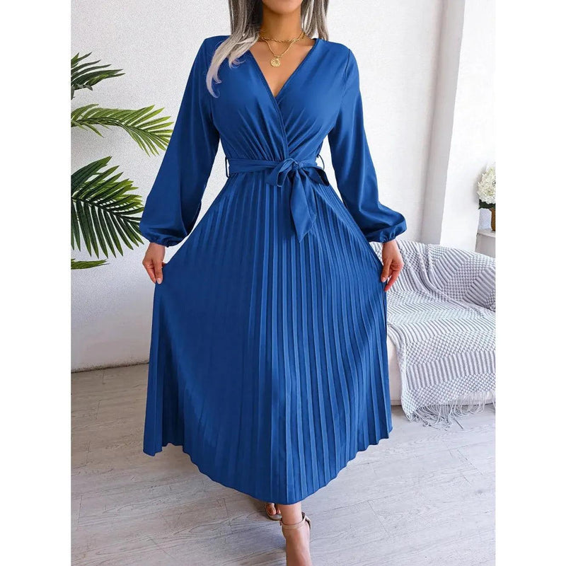 Women Elegant V Neck Long Sleeve Pleated Maxi Dress - Faith Affinity