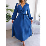 Women Elegant V Neck Long Sleeve Pleated Maxi Dress - Faith Affinity
